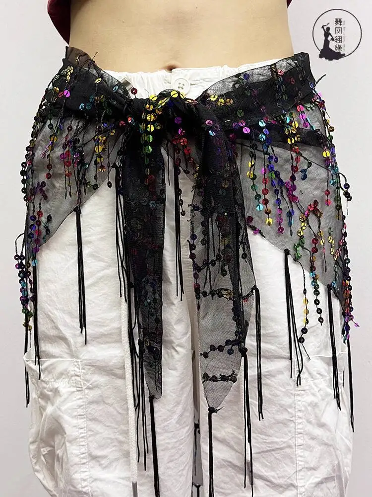 새로운 벨리댄스 허리 체인 벨트 태슬 글리터 삼각 붕대 숄 스카프 허리 장식 연습용 힙 타월