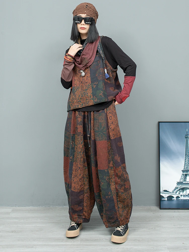 Printed Cotton Linen Vest + Pumpkin Pants Two-piece Set Women 2024 Autumn Loose Fashionable Outfit ZF217