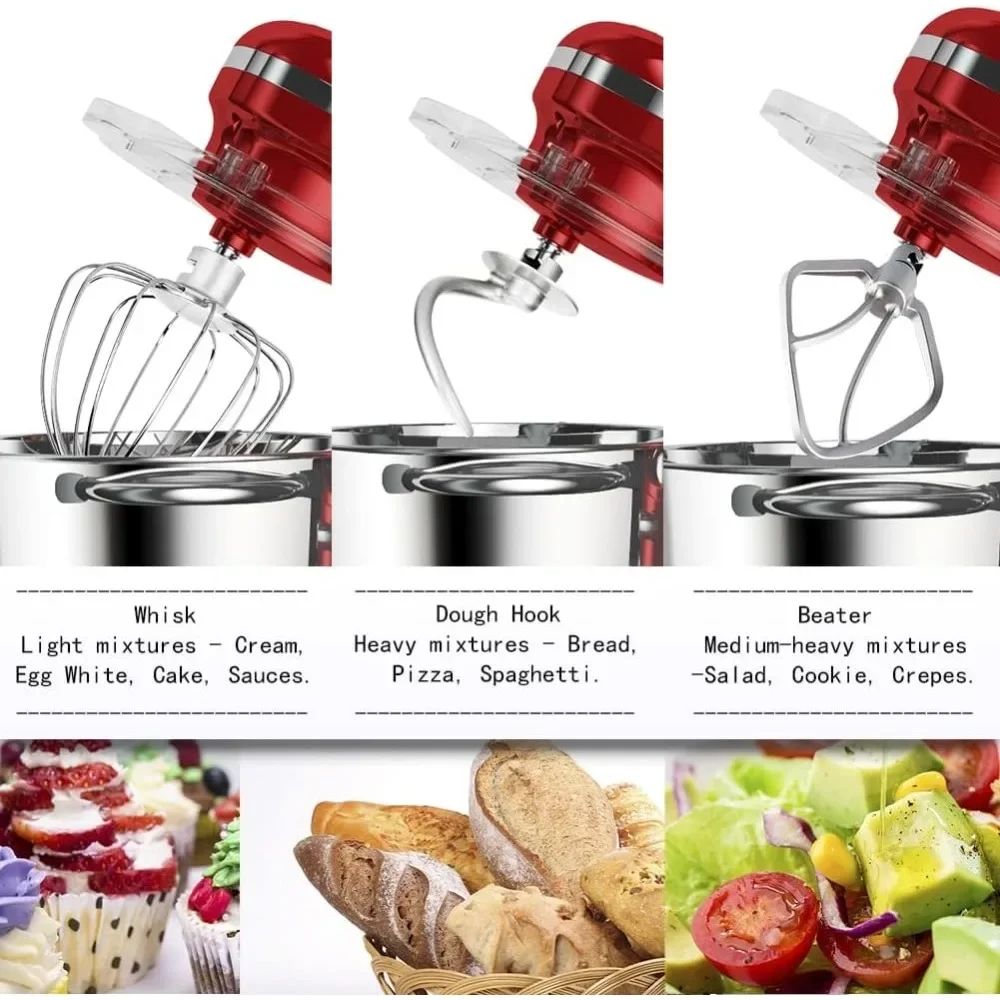 خلاط ستاند، 6.5-QT 660 وات، خلاط طعام برأس مائل 6 سرعات، خلاط كهربائي للمطبخ مع خطاف عجين، سوط سلكي