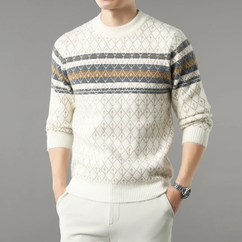 Fashionable Men's Autumn Knitted Shirt Round Neck Argyle Pattern Thickened for Warmth Business Casual Versatile Men's Clothing