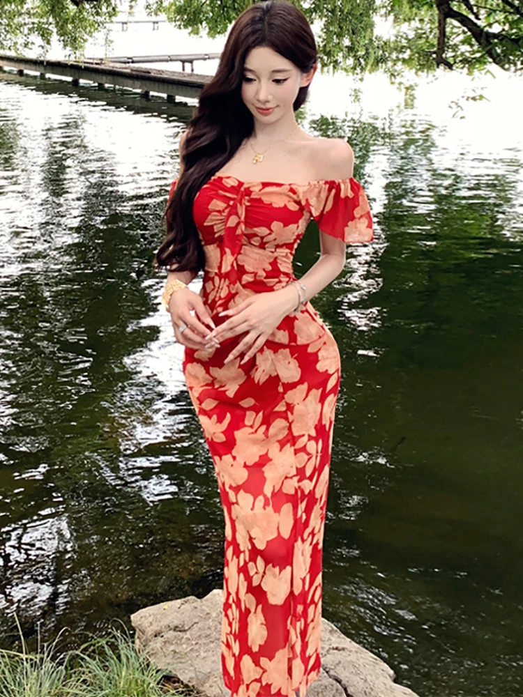 Abito lungo da donna con colletto quadrato in rete floreale rossa Abito estivo Boho elegante casual da vacanza 2025 Abito da festa coreano aderente per festival