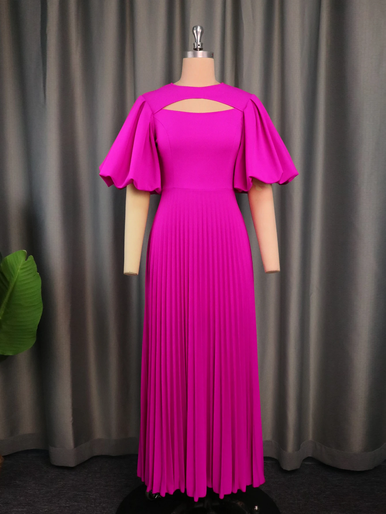 Fuchsia Pleated Dress for Women Plus Size O Neck Cut Out Puff Sleeve Elegant Ladies Evening Party Wedding Gowns Outfits 4XL