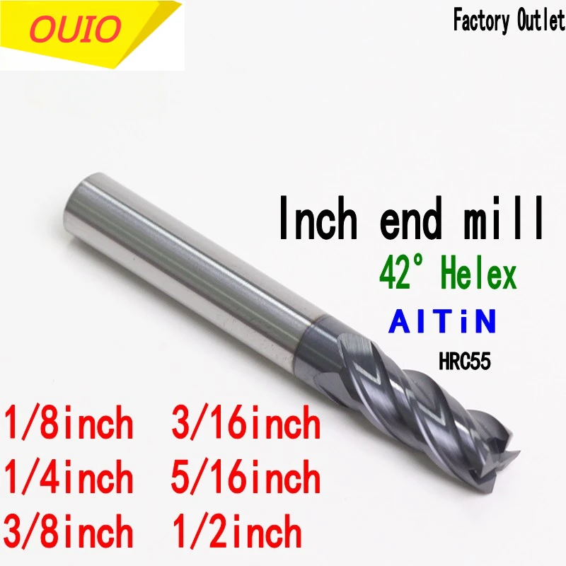 

OUIO Carbide Tungsten Steel Inch Milling Cutter 1/8 3/16 1/4 5/16 3/8 1/2" CNC End Mill 4 Flute HRC55 3.175 6.35 12.7MM