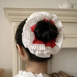 Handmade Double-layer Fashion Retro Plaid Laced Pleated Oversized Hair Scrunchies Headdress 2024 Female White Black Color