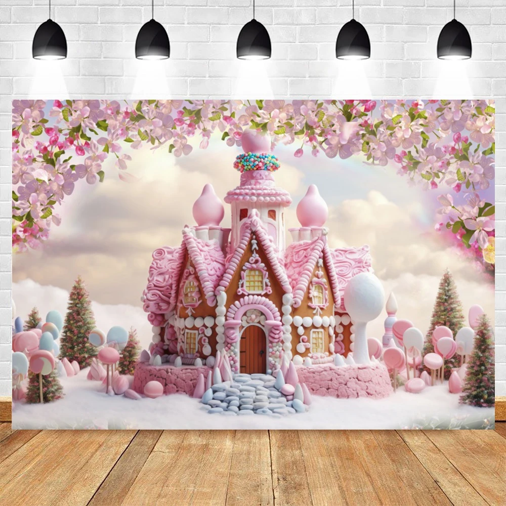 Pink Candy World Backdrop Sweet Candyland Castle Lollipop House Baby Birthday Party Portrait Background Cake Smash Photo Studio