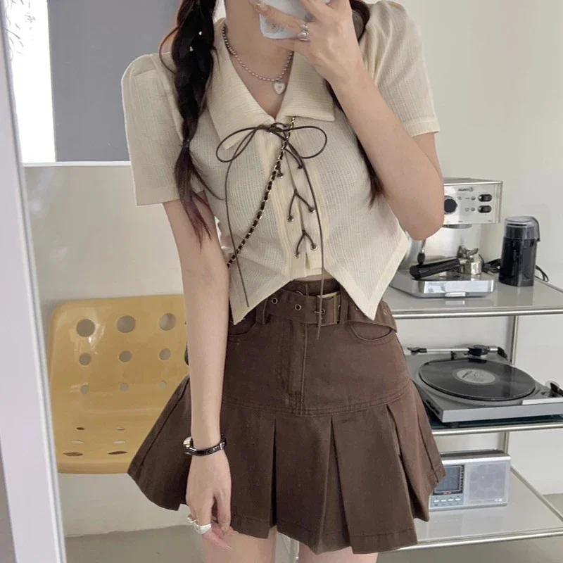Ensemble deux pièces à bandes pour femmes, haut court, Sexy, doux, épicé, Simple, chemise à nœud, Denim, Vintage, plissé, Preppy, jupe à fermeture éclair, nouvelle collection été