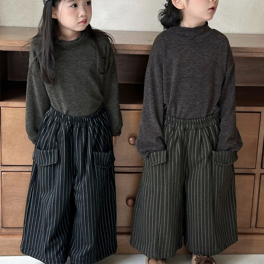 Boys Pants 2026 Spring and Autumn New Children's Clothing Korean Style Boys and Girls Senxian Retro Vertical Stripe Woolen Pants