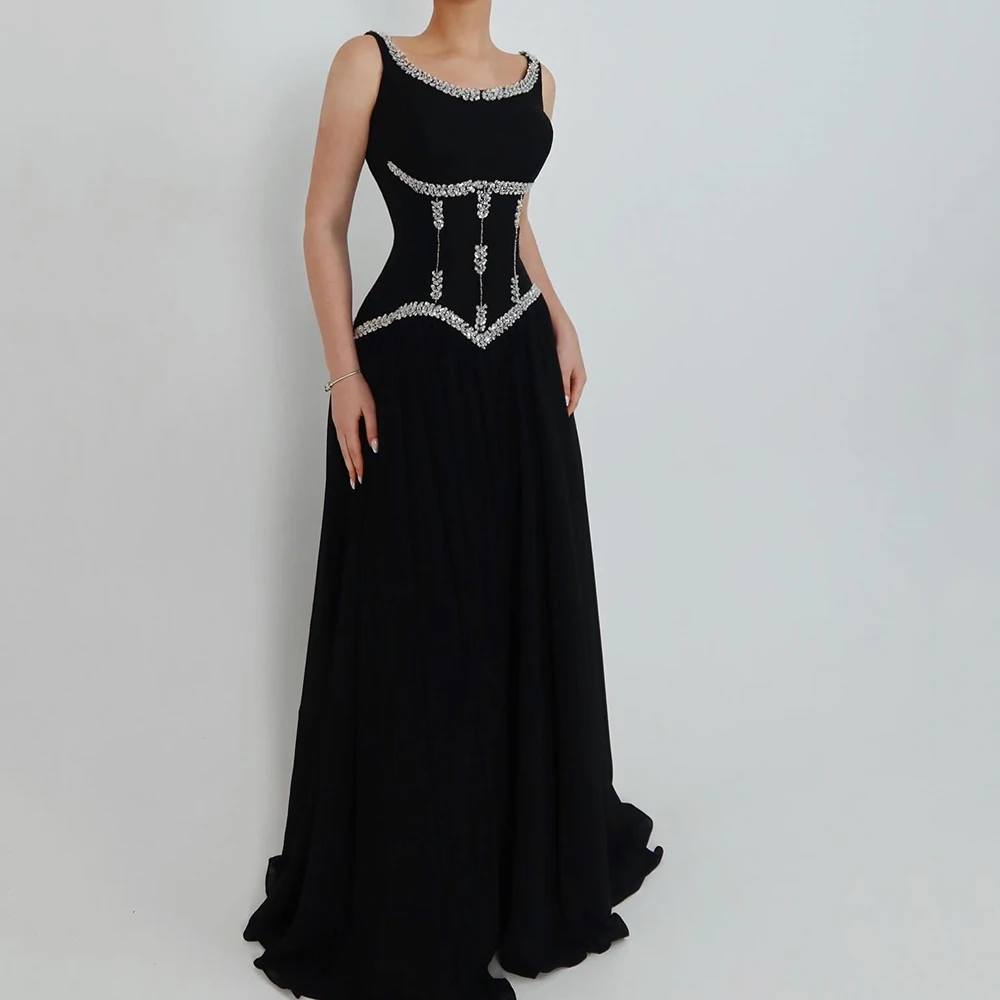 

Women's A-line Evening Dresses Floor-length Scoop-neck Sleeveless Prom Gown Fashion Crystal Simple Draped Customized Gowns