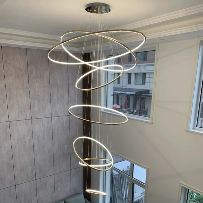 

Artistic LED Stainless Steel Ring Golden Silver Hanging Lamps Lustre Pendant Light Suspension Luminaire Lampen For Staircase