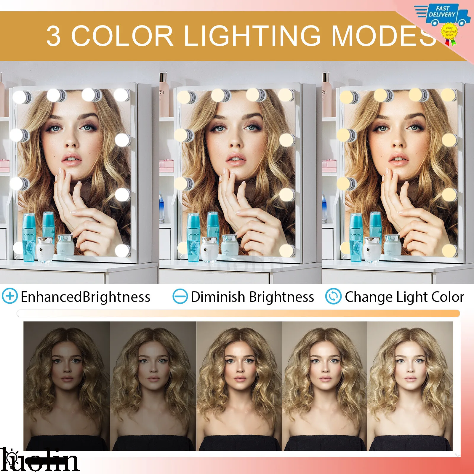 مجموعة أدوات مكتب مكياج ومرآة لطاولة الزينة مع أضواء LED باللون الأبيض