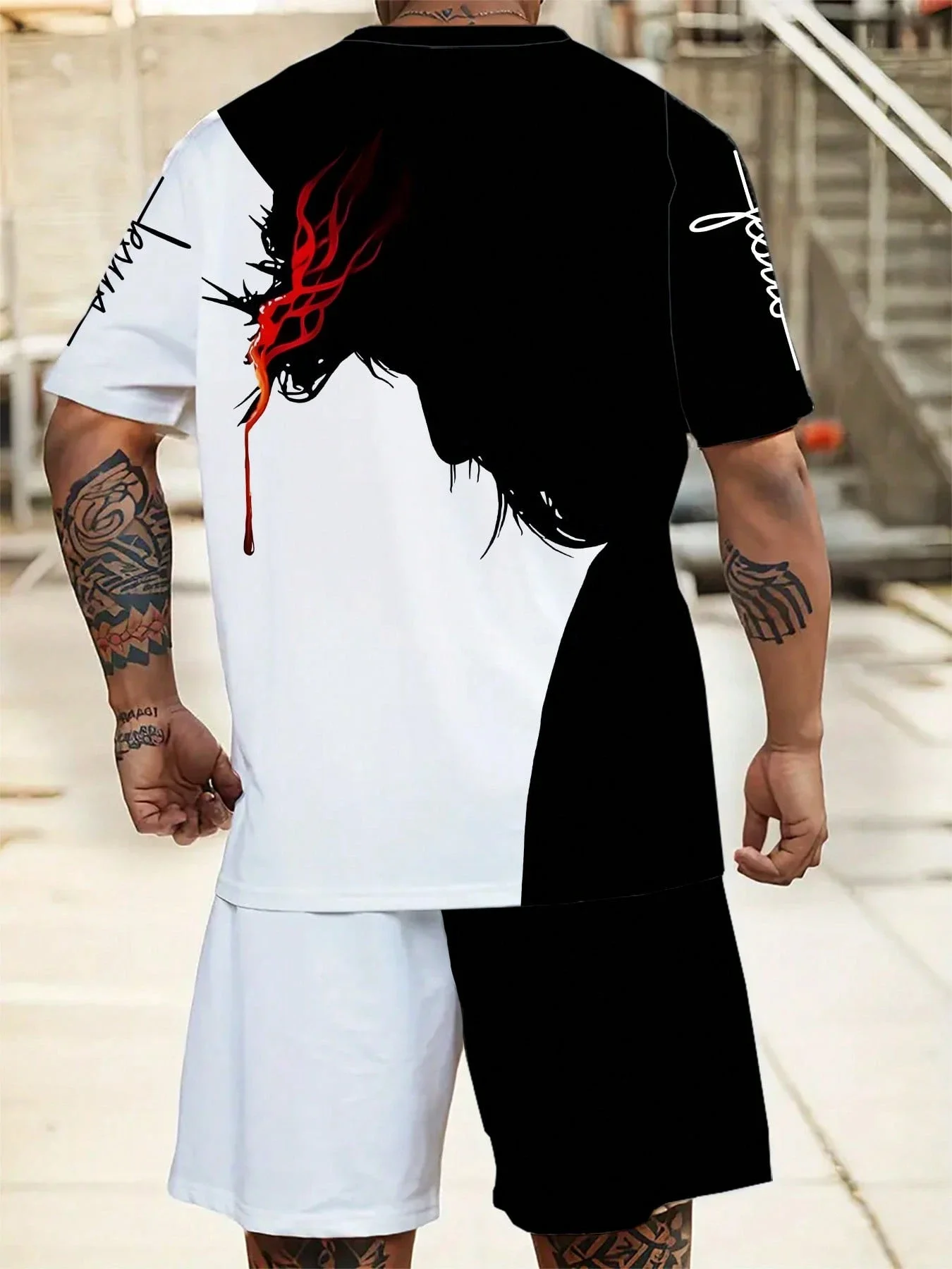 

3D Graphic Print Pieced Faith Symbol T-Shirt Shorts Set Casual Sports Loose Fit Plus Size
