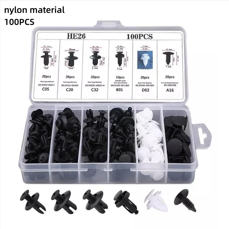 100/50 pcs Mixed Auto Plastic Fastener Clips – 6 Types Quick-Fix Car Interior Trim Rivets & Buckles in OPP Bag/Box