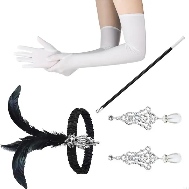 N5KB 1920 年代の女性フラッパー アクセサリー ギャツビー パーティー コスチューム フェザー ヘッドバンド イヤリング