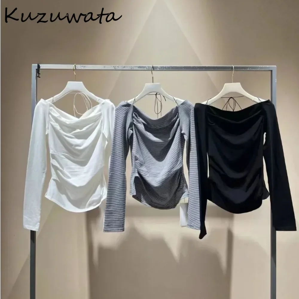 Kuzuwata Elegant Casual Slash Neck Long Sleeve Stripe Tops Off Shoulder Ruched Irregular Mujer Japan Lace Up Gentle Women Shirts