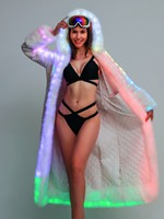Women Faux Fur Coat Valentine Cosplay Costumes LED Multi-Color Warm Long hooded Shiny LED Jacket Light Up Party Dance Overcoat