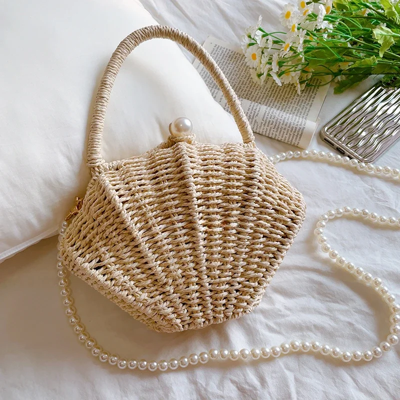 Woven Beach Bag for Phone, Cute Fairy Bag for Phone, Pearl Shell Storage Bag, Small Practical Travel Organizer, Fashion