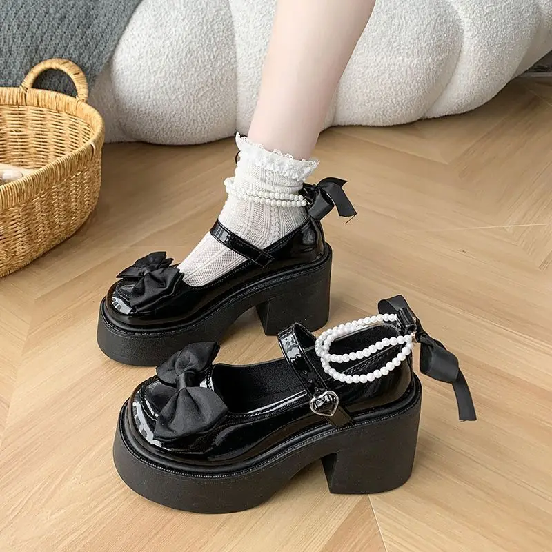 Women Thick Platform Mary Janes Lolita Shoes Party Pumps Summer New Sandals Bow Chain Mujer Shoes Fashion Oxford Zapatos