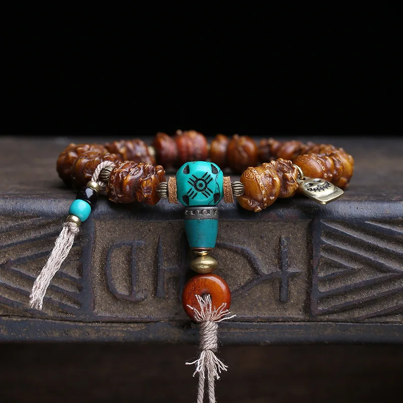 Tibetan-Style Yak Bone Carving Of The Yellow God Of Wealth, Single-Strand Bracelet, Decorative Piece, Three-Way Copper Clasp