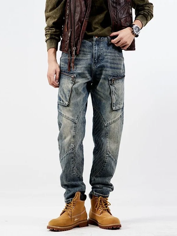 

Retro American Spliced Motorcycle Jeans Men's Trendy Workwear Pocket Zipper Design High-End Long Trousers Straight Leg Fit