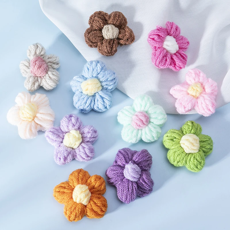 Sweet 10pcs Colorful Hand-Woven Puff Flower Wool Crochet Yarn Textile Flower Handmade Weeding Flowers Clothing Accessories