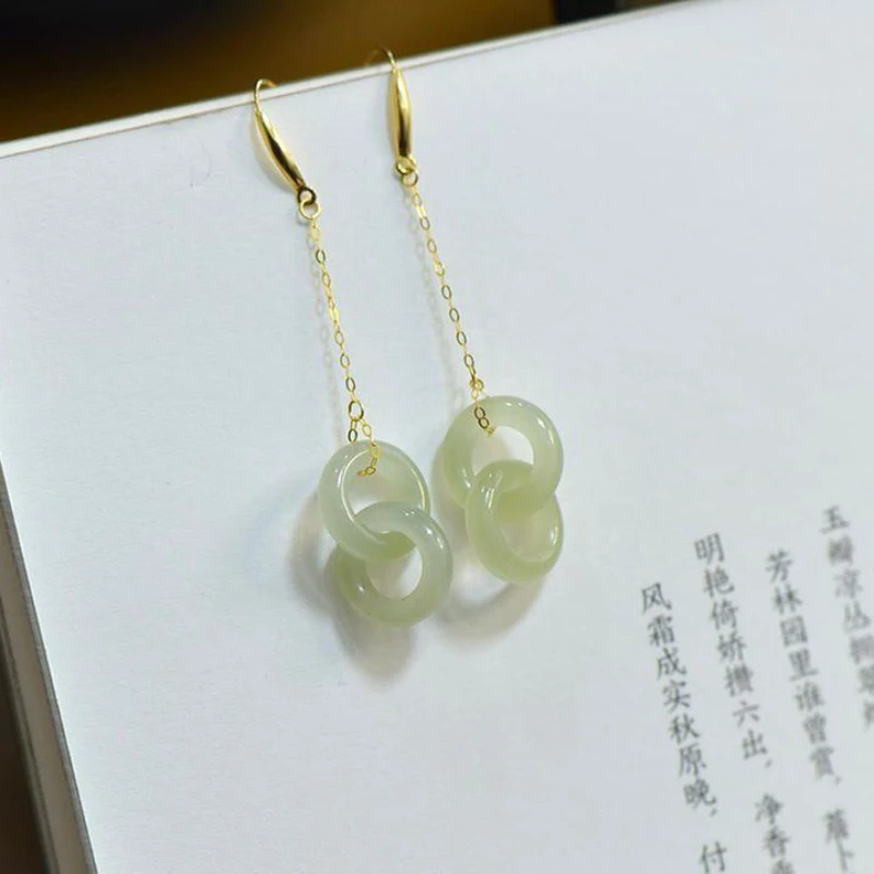 Creative new silver inlaid natural Hetian jade chain long Interlocking earrings for women elegant fresh light luxury jewelry