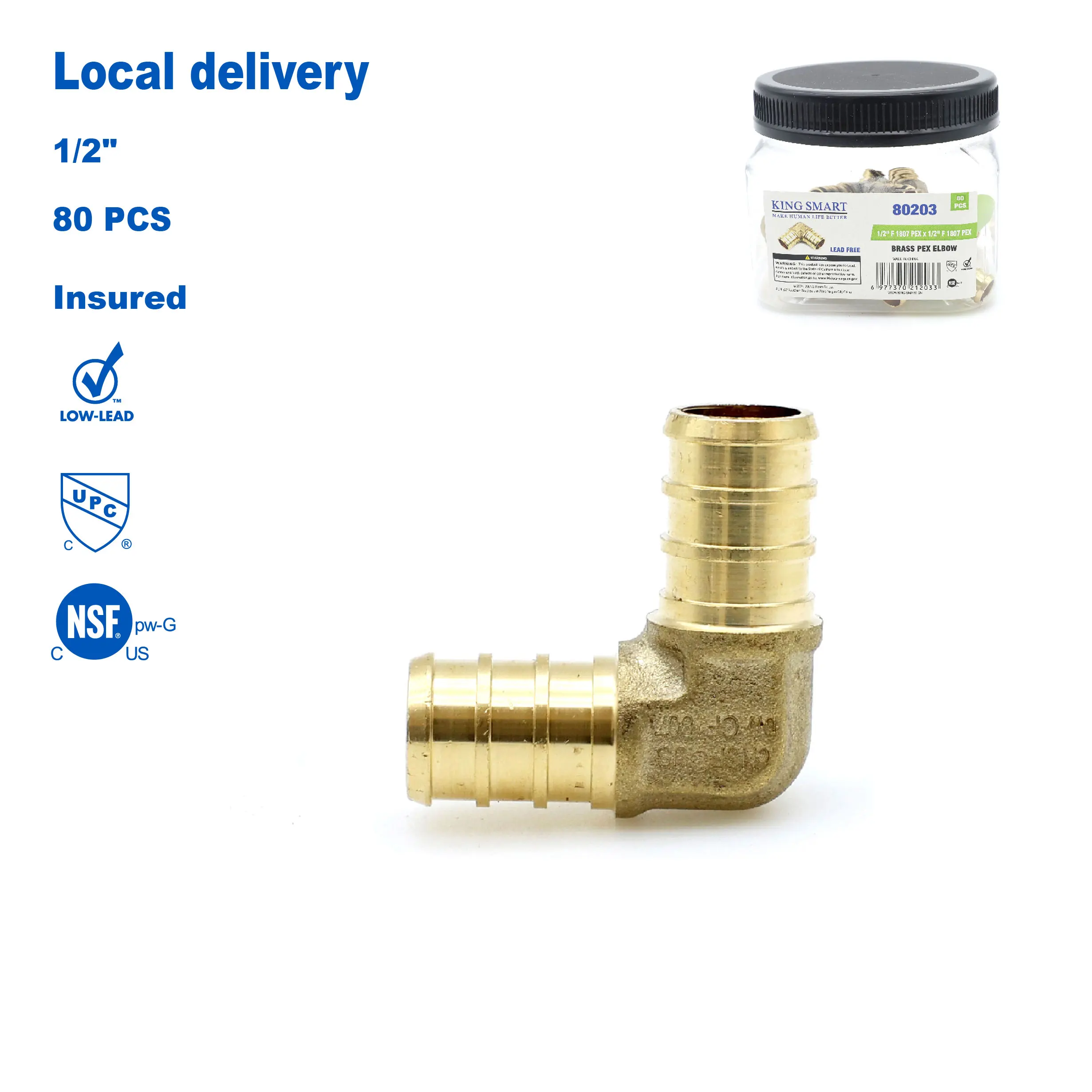 KING SMART Crimp/F1807 PEX 1/2 * 1/2 PEX Elbow; for PEX B/C PERT Pipe Installation; Lead Free Brass; 80Pcs/Case; 80203