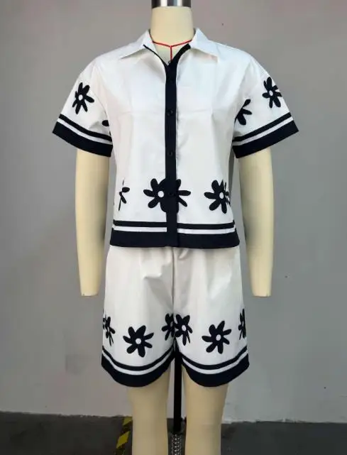 Two Piece Set Women Outfit 2025 Summer New Turn-Down Collar Color Blocked Print Short Sleeve Shirt & Casual Daily Shorts Set