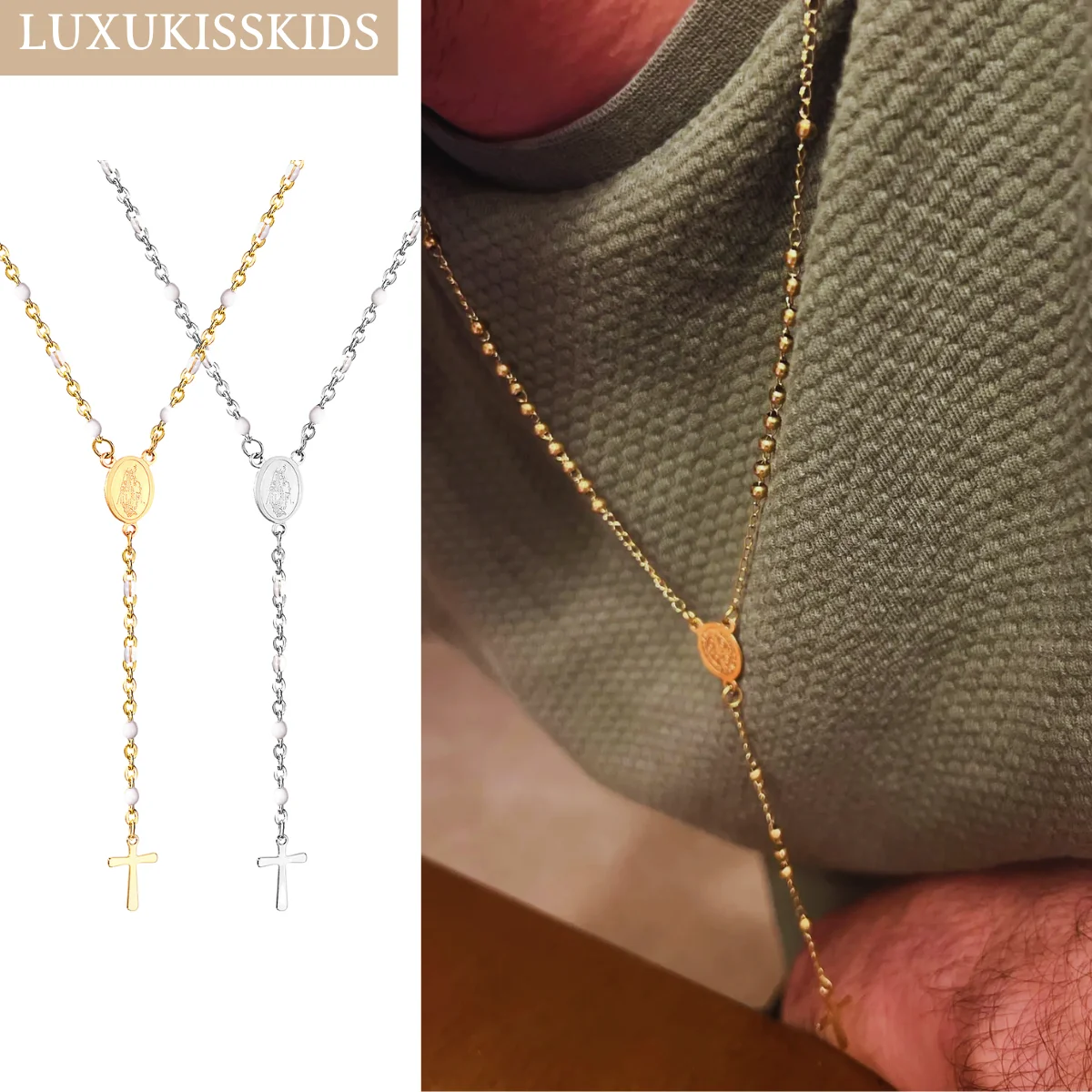 LUXUKISSKIDS-rosario catolicos acero inoxidable,Rosario de cuentas de acero para mujer y hombre, collares de Jesús, cadenas largas, colgantes de