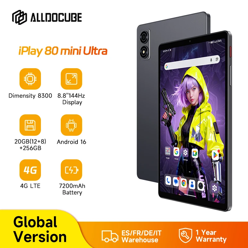 Tablette de jeu ALLDOCUBE iPlay 80 mini Ultra, processeur Dimensity 8300, écran 8,8'' 2,5K 144Hz, 20 Go de RAM, 256 Go de ROM, Android 16, 5G LTE