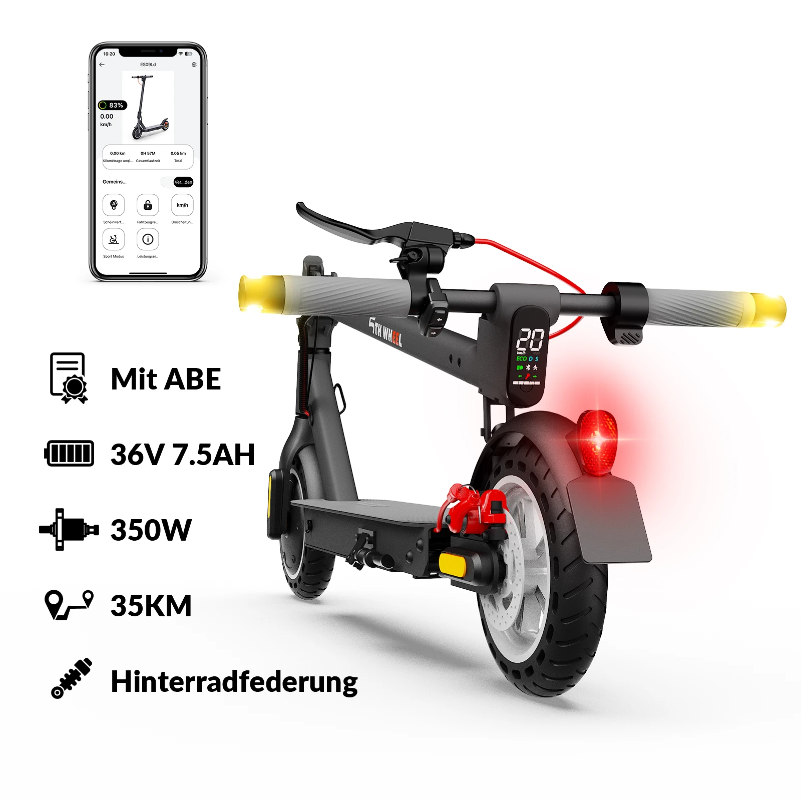 Image of 5TH WHEEL Deutscher ABE-Zertifizierter Elektroroller, Schwarz, 350W Motor (500W Spitze), 36V 7,5AH Akku, 20km/h Höchstgeschwindigkeit, App-gesteuert, 120kg Maximallast, Straßenzugelassener