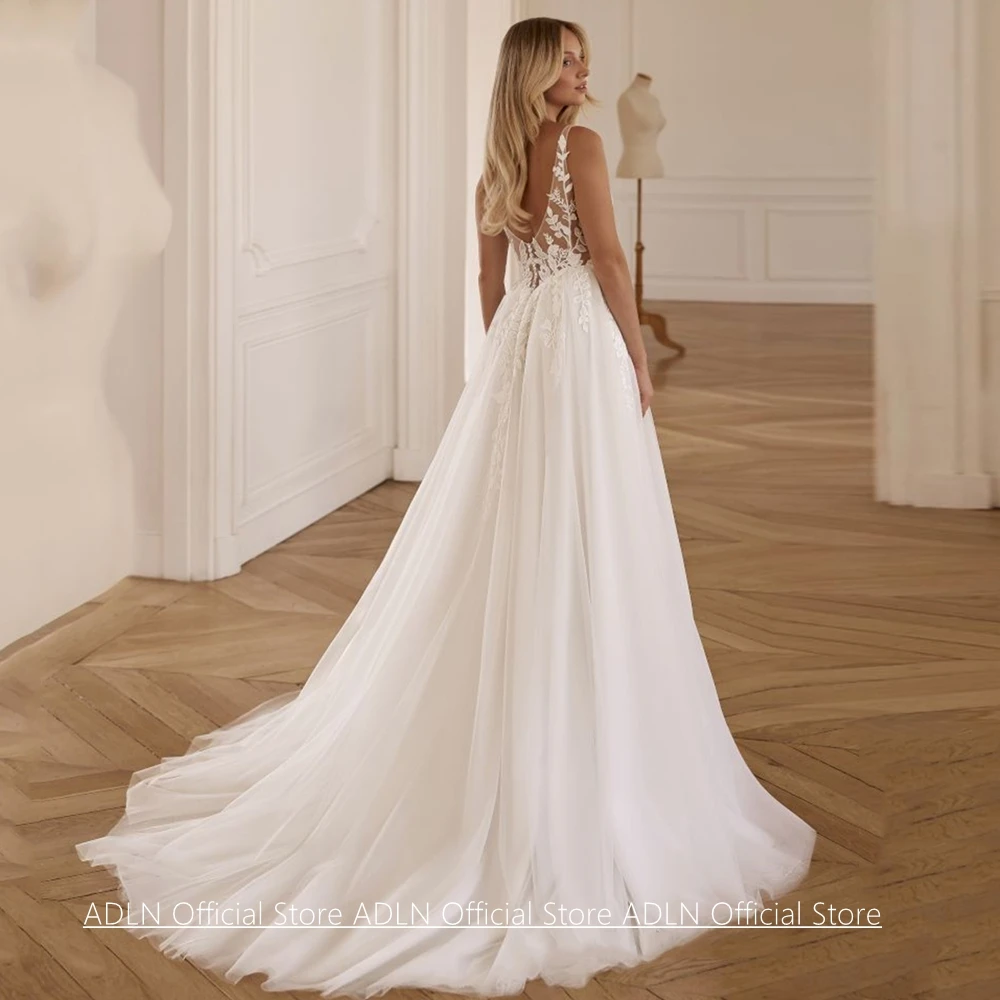 Sexy Wedding Dress Customized Sleeveless V Neck See Through Lace Applique High Split Bridal Gown Sweep Train Bride Dresses