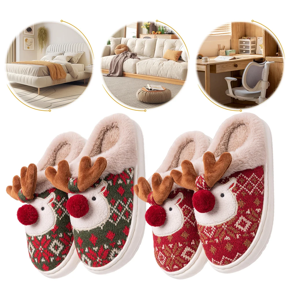 

Рождественские плюшевые тапочки с изображением лося, теплая домашняя обувь без шнуровки, удобные термотапочки на плоской подошве, милые тапочки с животными для домашней спальни