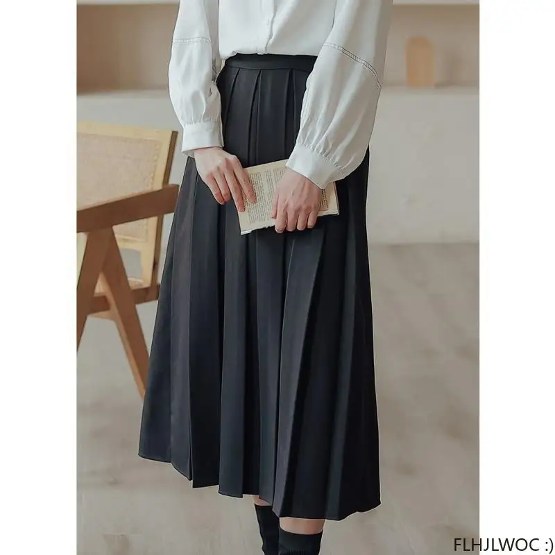 2024 Spring Autumn New Women All-Match Skirt Cute Japan Chic Korea FLHJLWOC Elastic Band High Waist Black Long Pleated Skirts