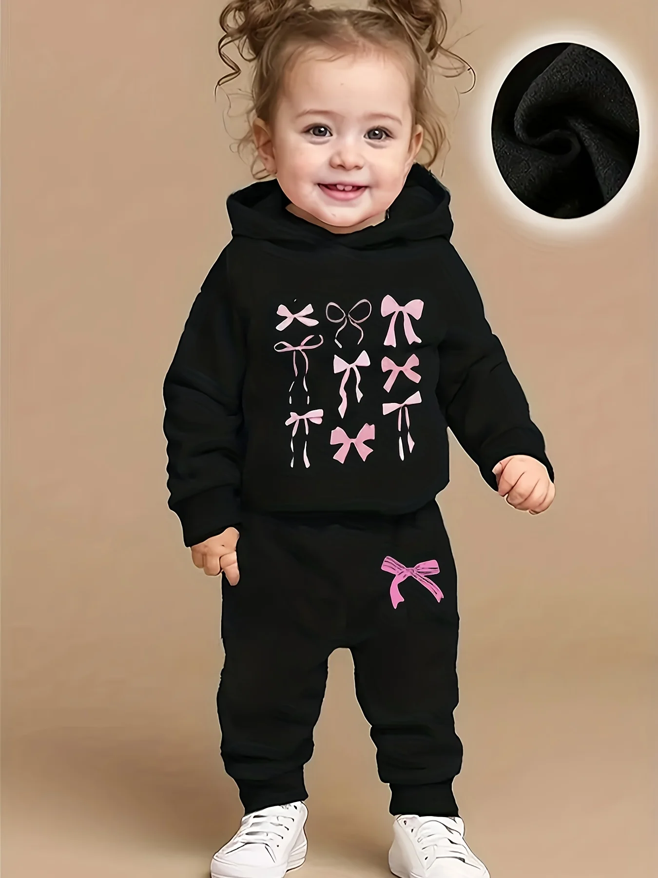 Newborn baby girl's autumn and winter bowknot printed fleece hooded sweater with casual, fashionable and sporty long pants set