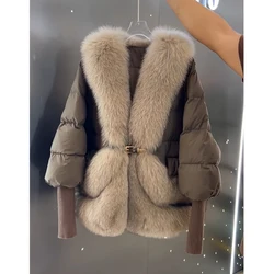 Women's Winter Real Goose Feather Coat With Fox Fur Short Natural Fox Fur Puffer Coat Luxury New Arrival