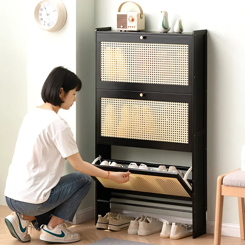 Flip-Door Storage Organizer Slim Corridor Shoe Rack Tall Narrow Shoe Cabinet for Entryway Space-Saving Modern Bamboo Cupboard