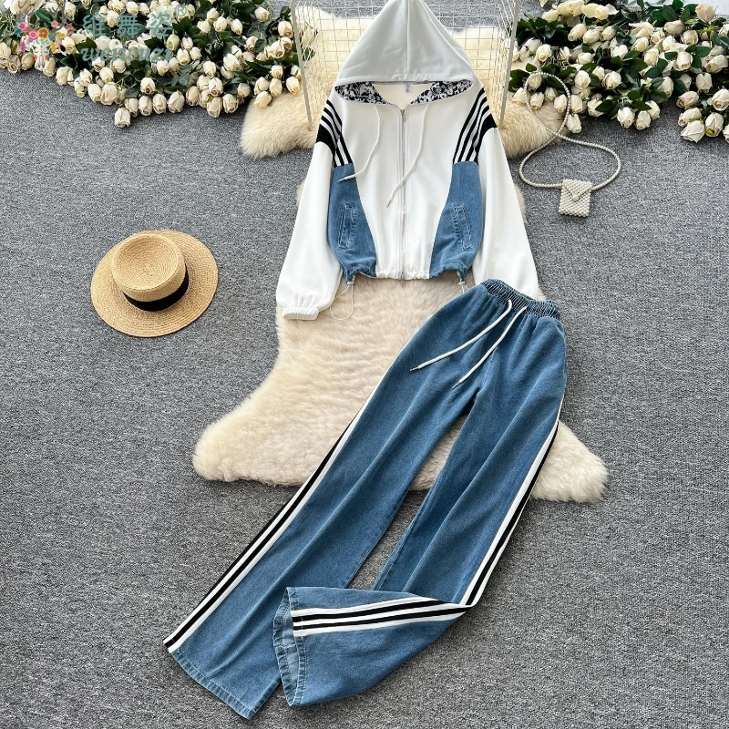 

Fall Women's Jeans 2-pieceSets Hooded Denim Jacket Wide-leg Jeans Cowboy Coat+High-waist Pants Outdoor Sportswear Causal Outfits