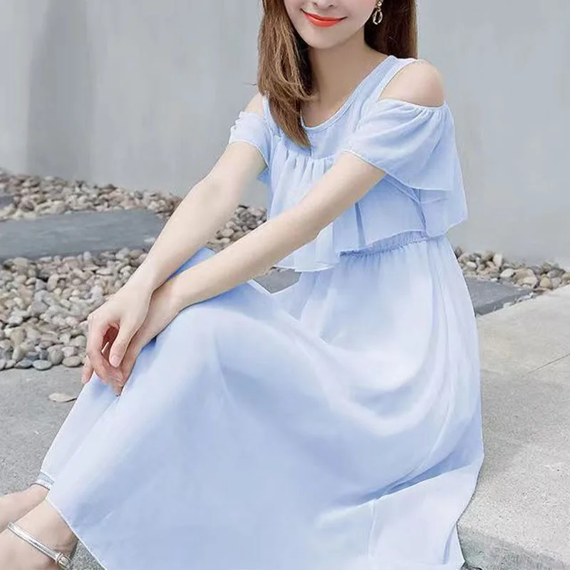 

Summer New Korean Sweet Fairy Style Off Shoulder Chiffon Dress Round Neck Ruffles Fresh Solid Butterfly Sleeve Casual Dresses