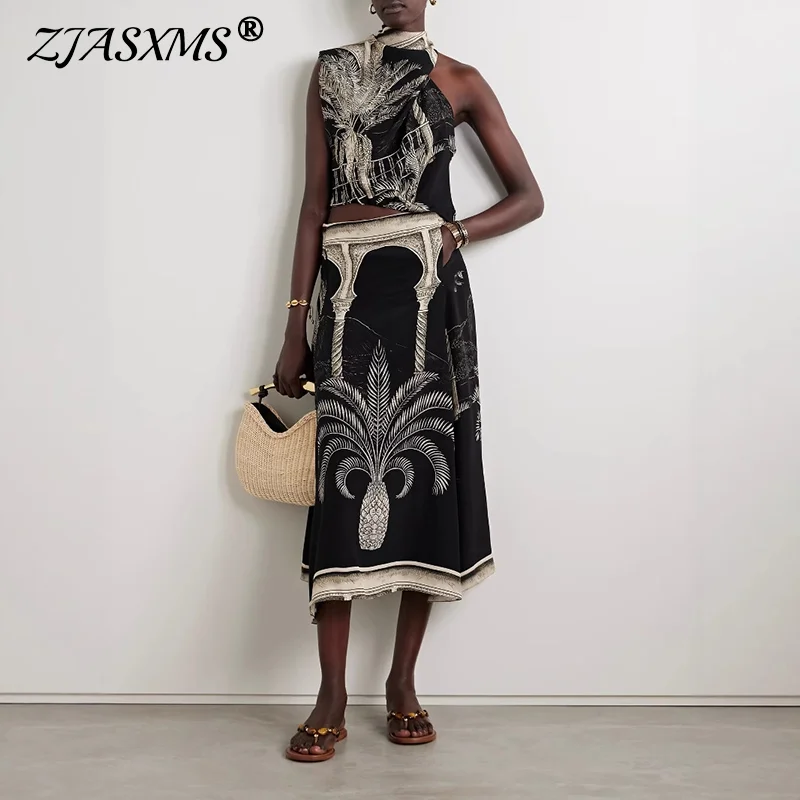 

Summer Retro Bohemian Pocket Satin Casual Outfit Woman O Neck Sleeveless Top & Long Skirts Suit Leaf Print Loose Beach 2pcs Sets