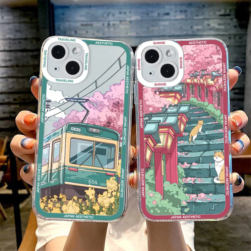 Japan Anime Scenery Aesthetic Tram Moun Fuji Phone Case For iPhone 13 15 11 12 14 Pro Max Mini Landscape Clear Soft Cover Shells