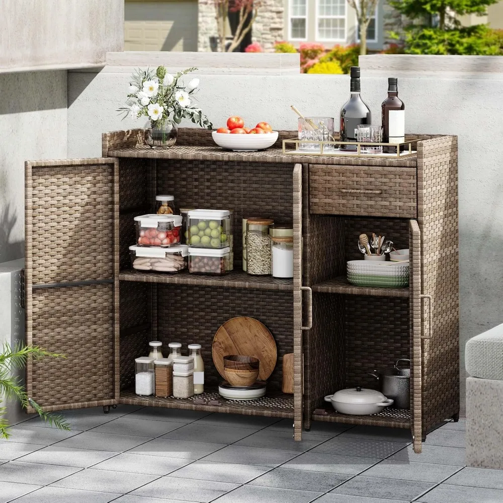 

Outdoor Storage Sideboard, All-Weather-Wicker Storage Table with Two Doors Cabinet, Adjustable Shelves, Wicker Patio