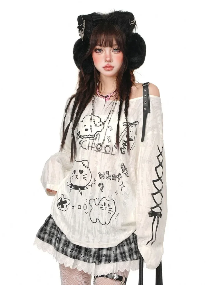 QWEEK Y2k Coquette Kawaii Cute Print T Shirt Gothic Goth Harajuku Punk Off Shoulder Loose Oversize Tees 2024 Autumn