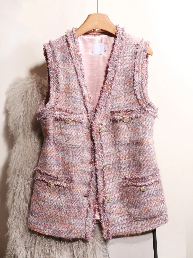 Autumn Winter Office Ladies Tweed Vest V-Neck Weave Spliced Multi Pockets Sleeveless Jacket Fashion Womens Loose Fit Waistcoat