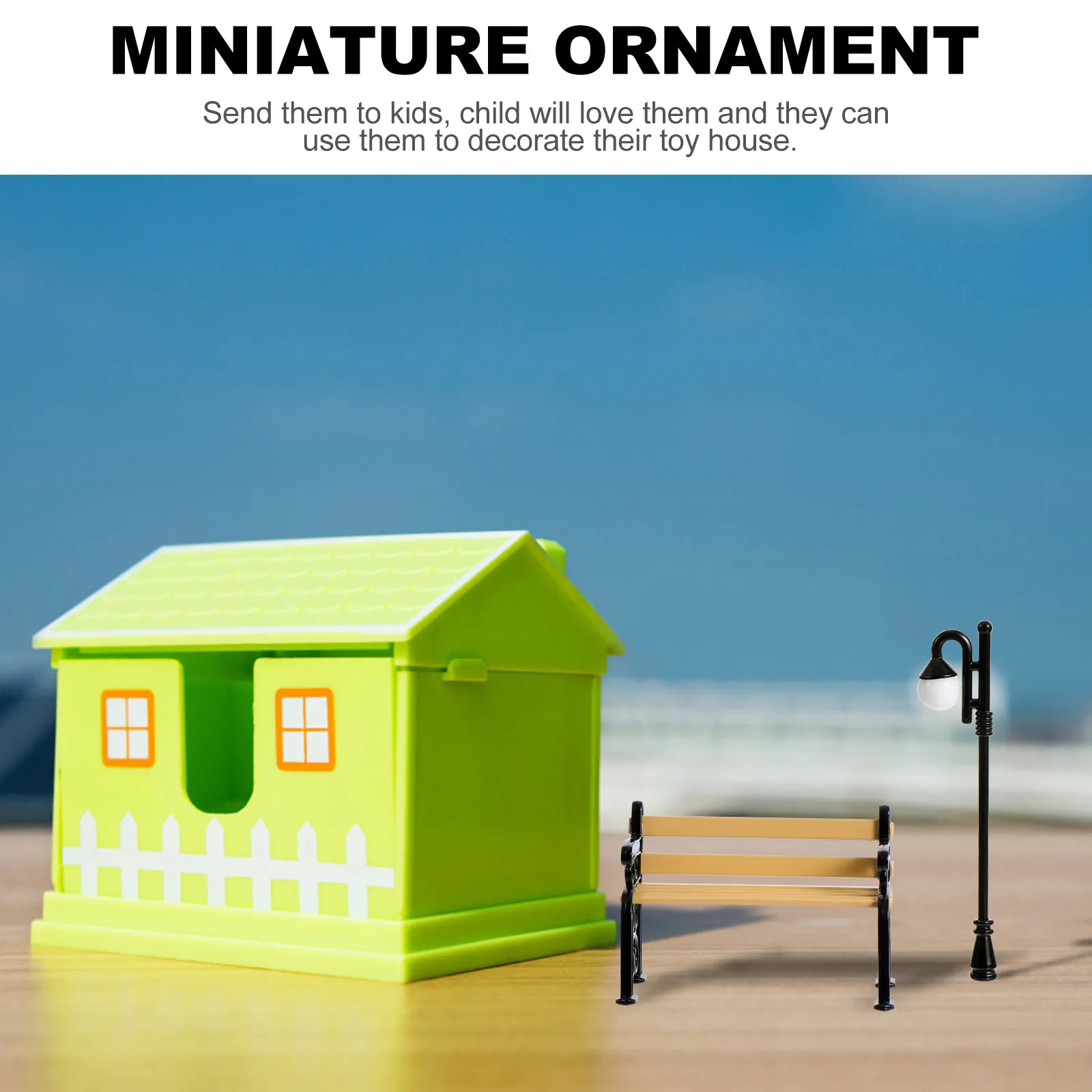 2Pcs Miniature Long Chair and Street Light Post Safe Resin Metal Micro Landscape Ornament for Kids Miniature Room Decor Display