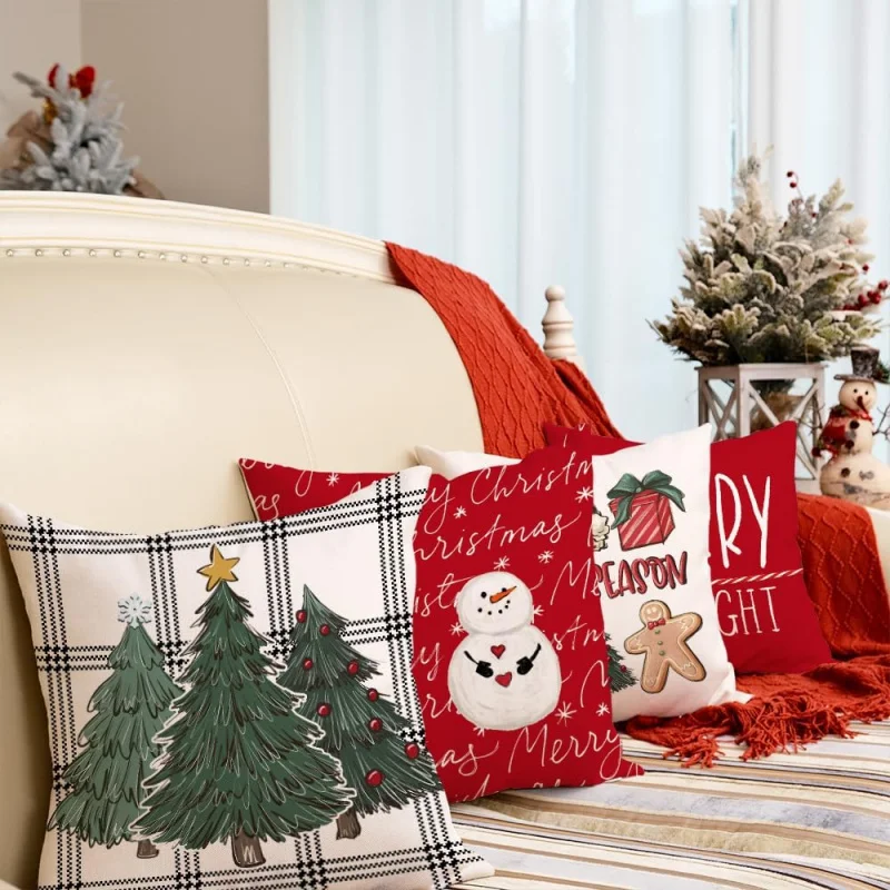 Christmas Pillow Covers Set of 4 Xmas Trees Red Merry Bright 'Tis The Season Throw Pillowcases Farmhouse Cushion Cases