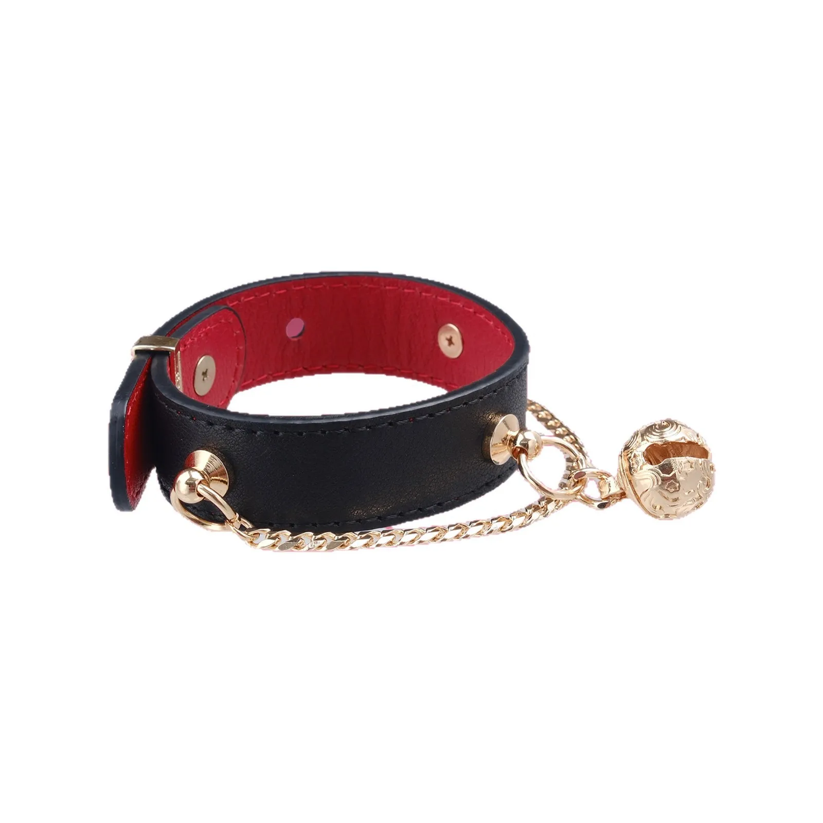 

Adult Games Gothic Punk Black & Red Faux Leather Bracelet, Gold Chain with Bell Pendant, Alternative Fashion Jewelry