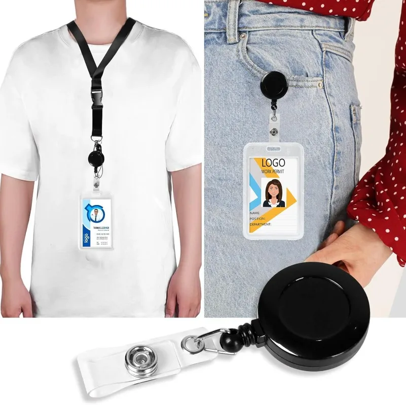Professional ID Card Holder Set Double Clear Case with Retractable Lanyard Black Bulldog Clip for Company Security Badge