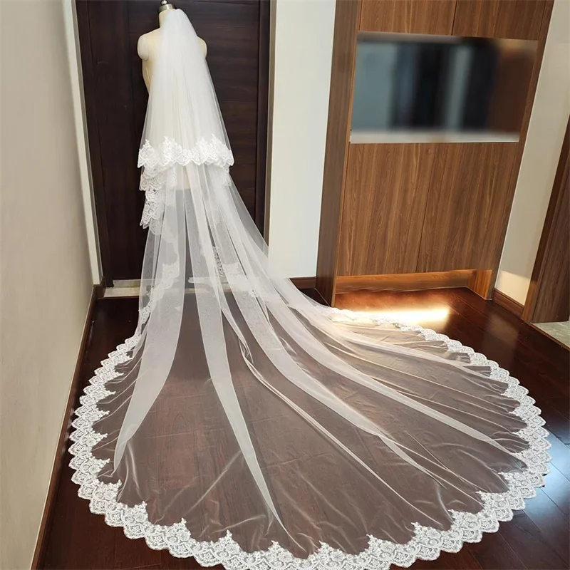 Real Photo 3+0.8m One Layer Wedding Veil With white Color Lace Edge Bridal Veils Ivory Appliqued Cathedral Wedding Veil