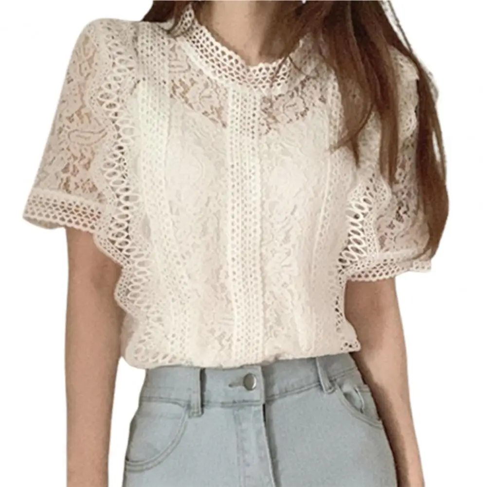 O-neck Fashion Retro Slim Chic Top Short Sleeve Loose Summer Pullover Blouse Casual Lace Hollow Out Elegant Shirt Workwear