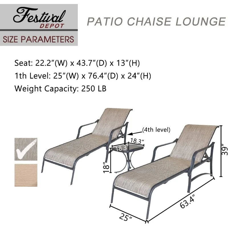 Festival Depot 3 Pc Patio Bistro Outdoor Chaise Lounge Furniture for Porch Yard Garden